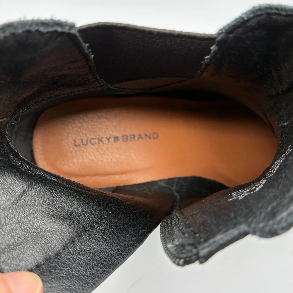 Lucky Brand Sodeti Ankle Boots Women 8M Black Suede Block Heel Lug Sole